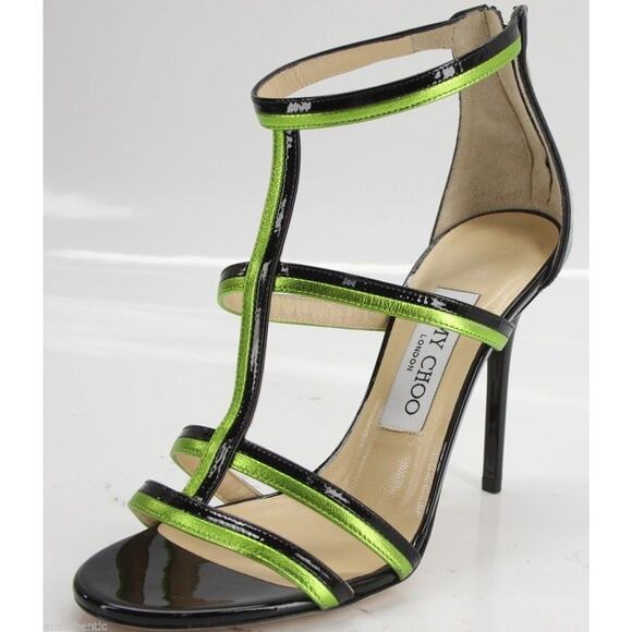 Jimmy Choo Thistle Caged T Strappy Green Black Sandals Size 40.5 10.5 New $795 - Picture 1 of 11